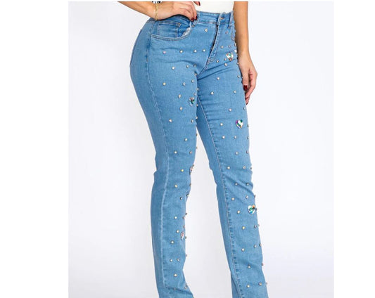 HEART RHIMESTONE STRETCH DENIM SKINNY JEANS